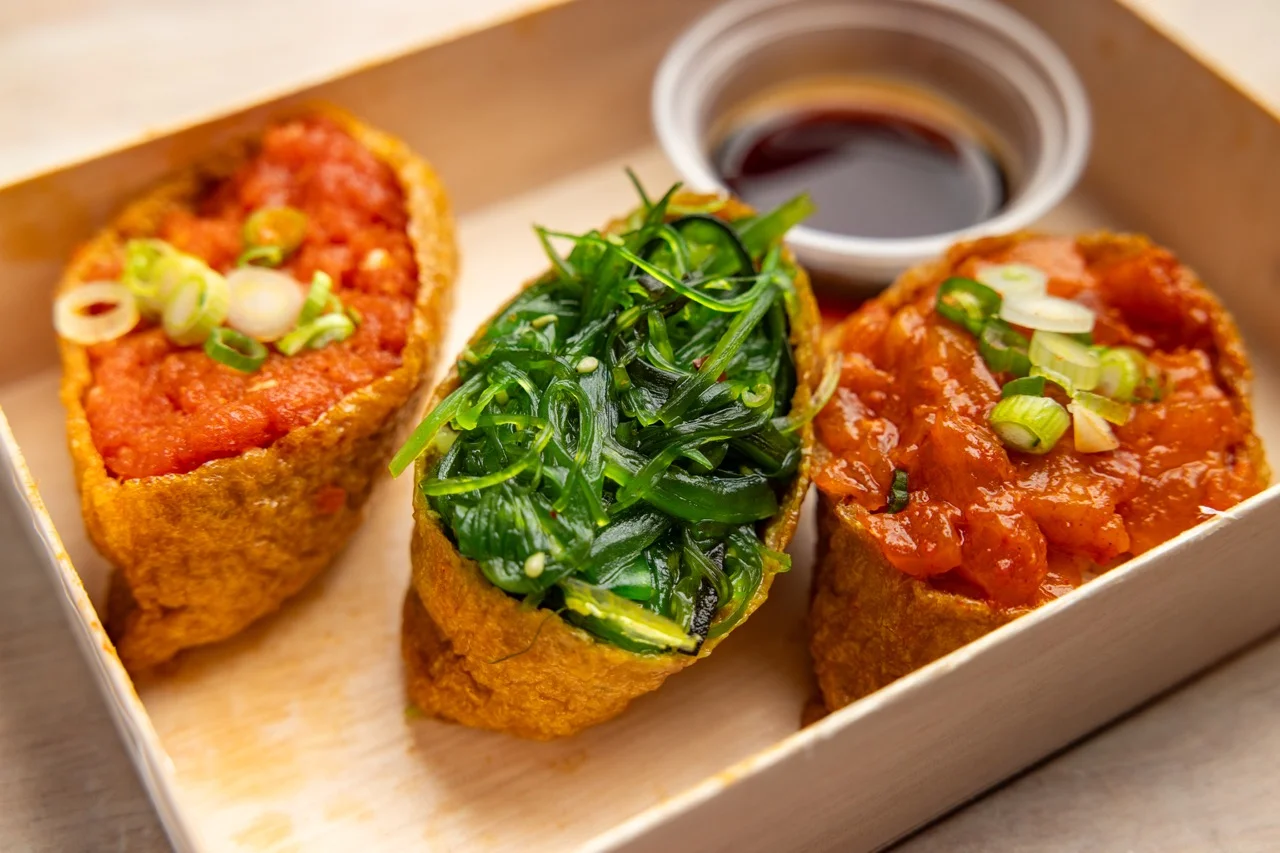 Japanese inari sushi with colorful toppings