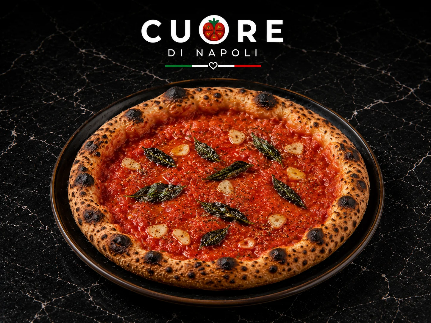 Neapolitan pizza with tomato sauce and garlic