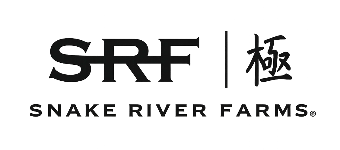 Logo of Snake River Farms featuring SRF and Japanese characters.