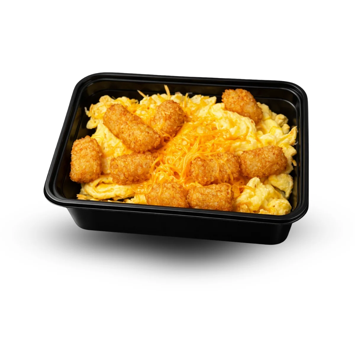 Egg, Cheese & Tater Tots Bowl — close-up of bowl with eggs, melted cheese, and crispy tater tots