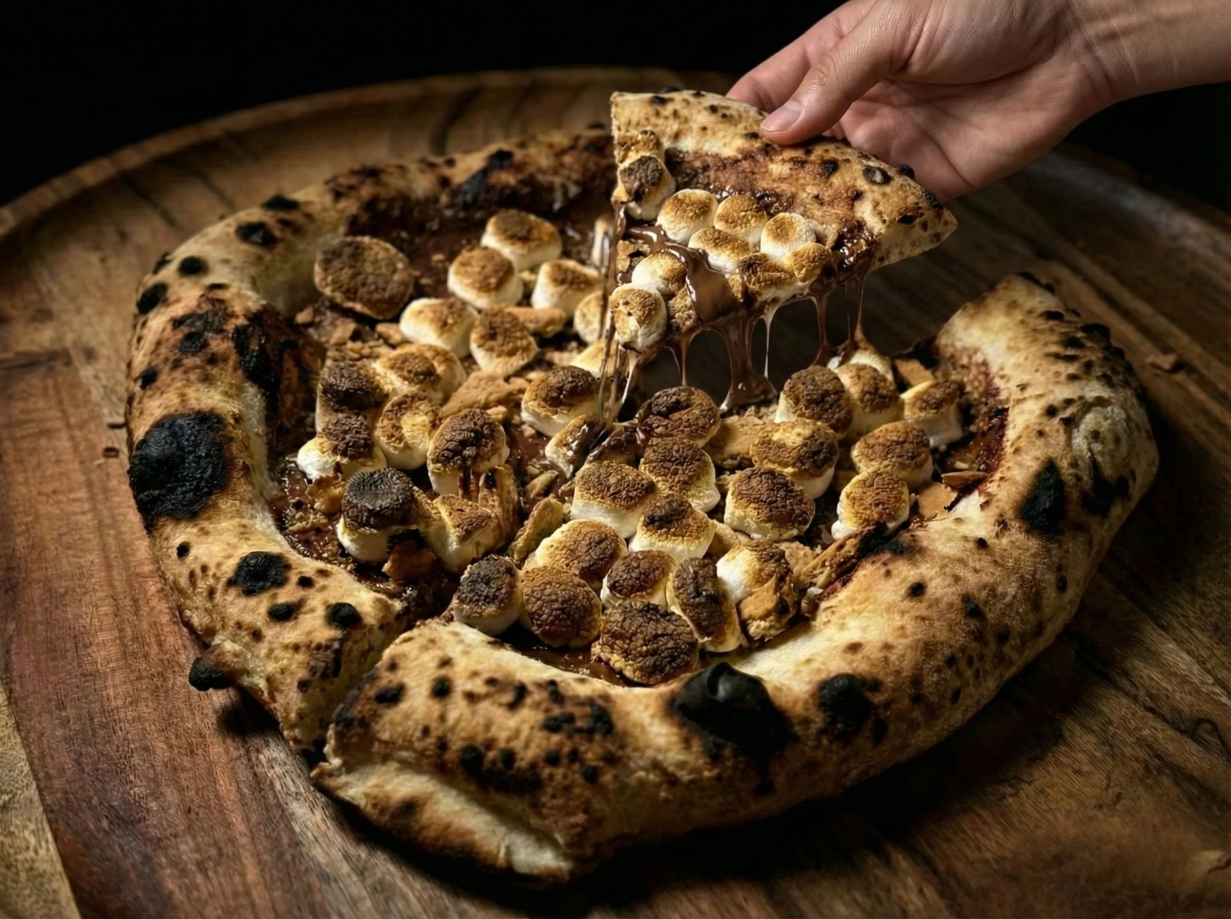 S'mores pizza with toasted marshmallows and chocolate