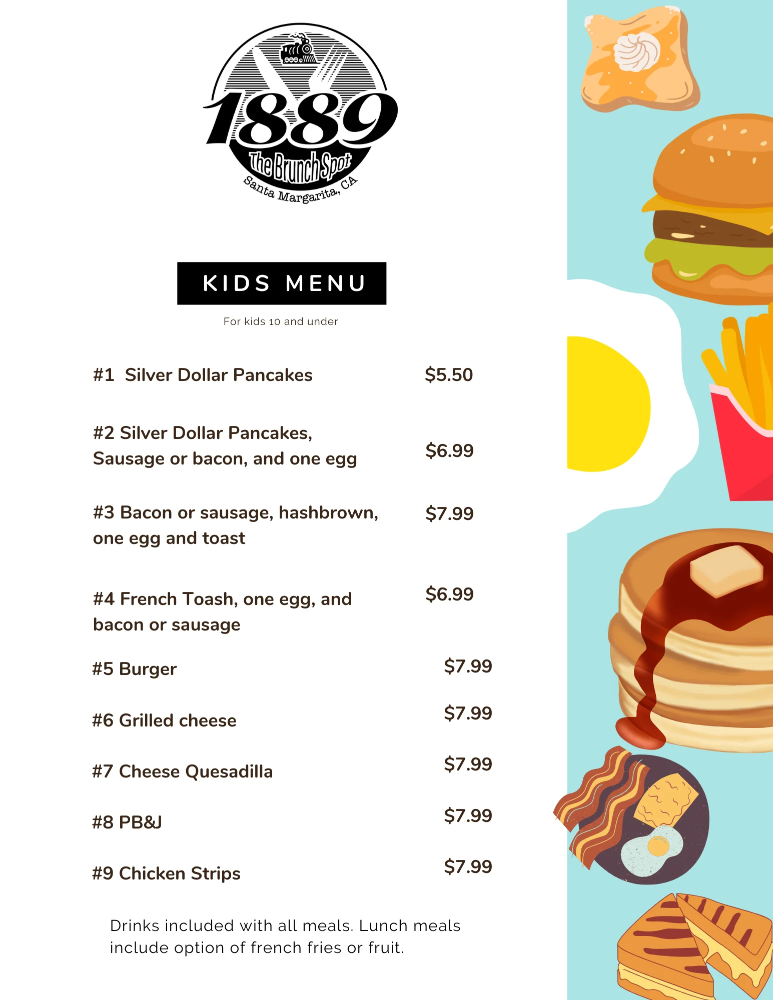 Kids menu featuring various brunch dishes at a family-friendly restaurant