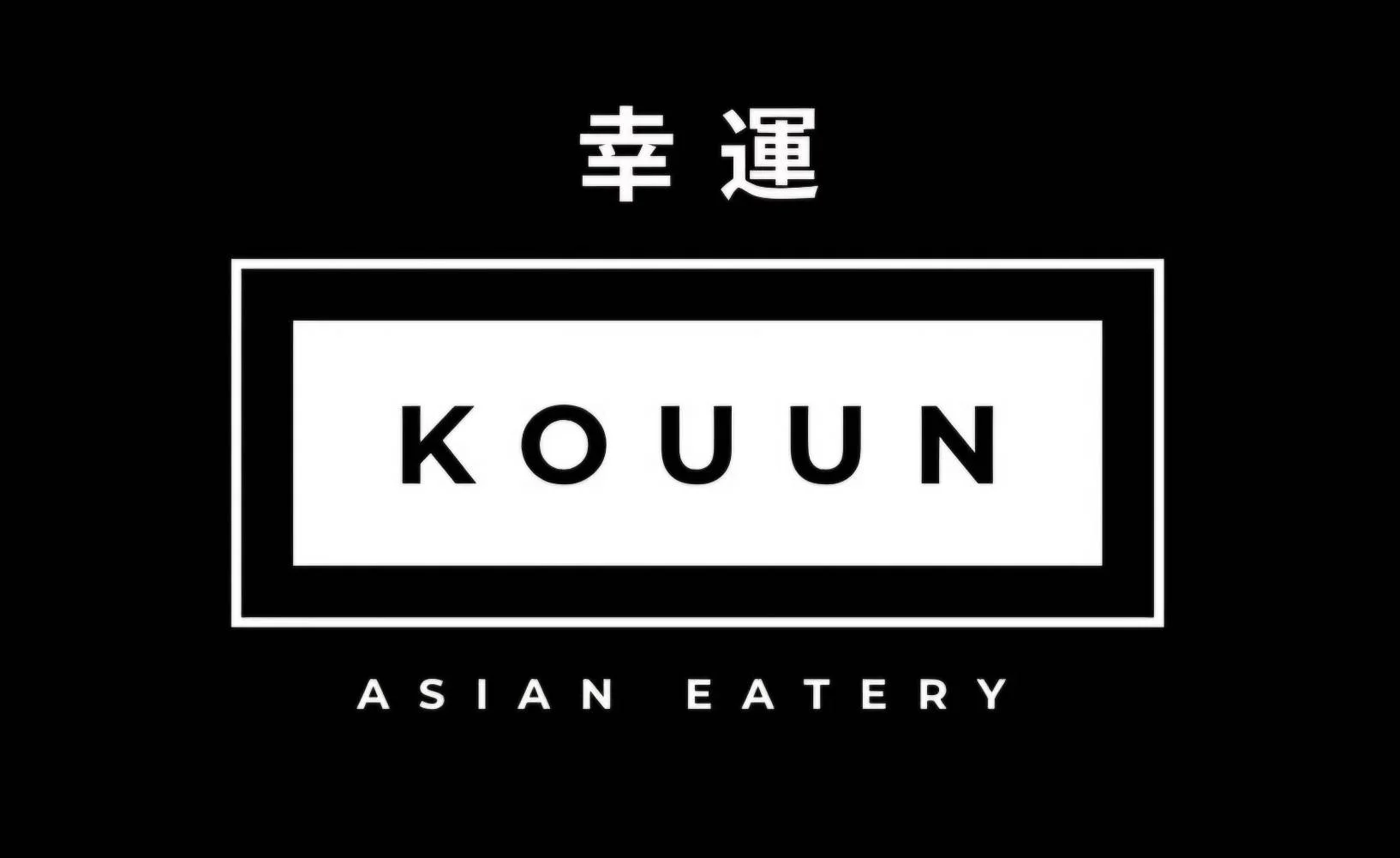 A logo featuring the name 'KOUUN' with the text 'ASIAN EATERY' below it, all presented on a black background.