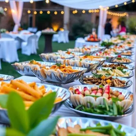 A beautifully arranged buffet table outdoors featuring a variety of dishes in large silver bowls, surrounded by elegant table settings and string lights.