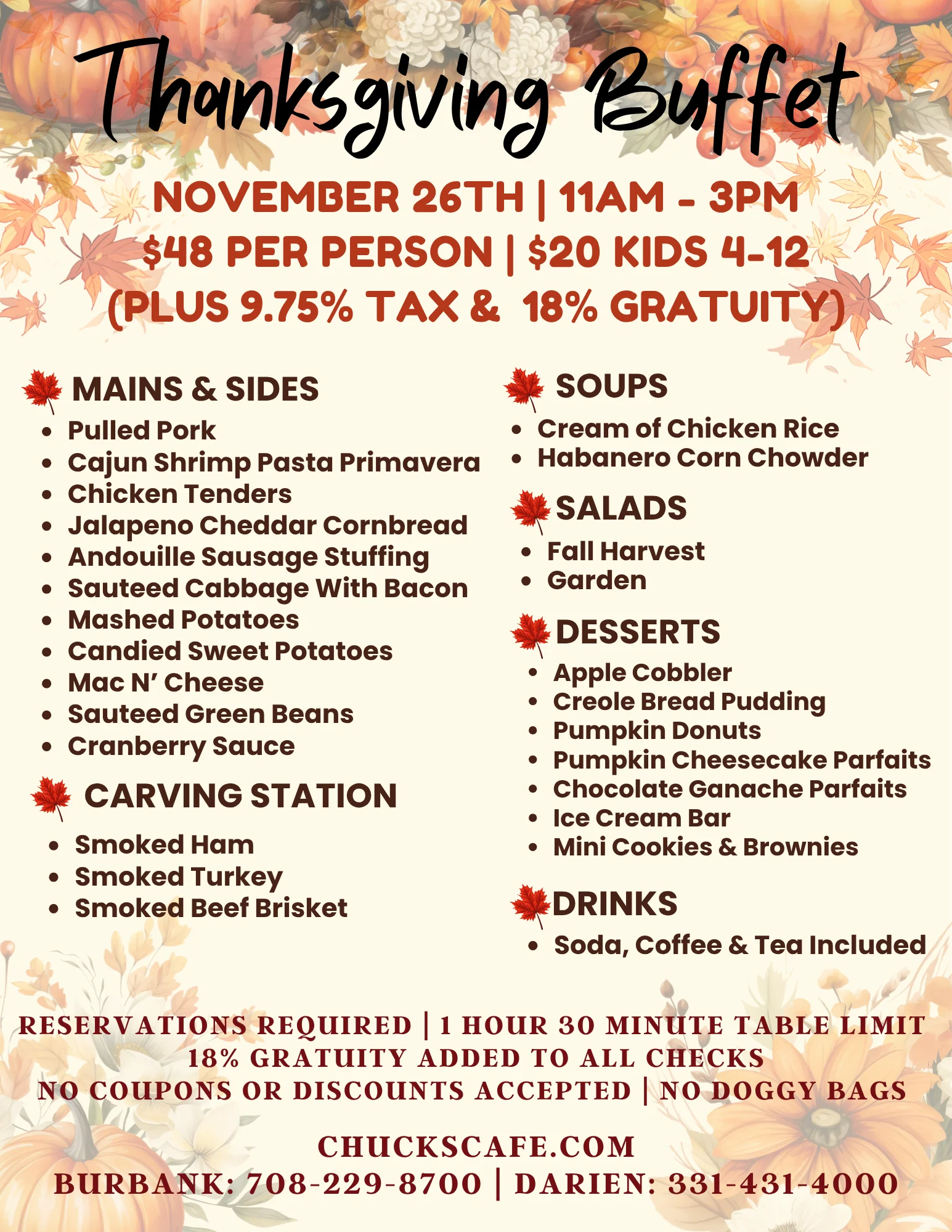 Thanksgiving buffet restaurant event flyer with autumn floral design