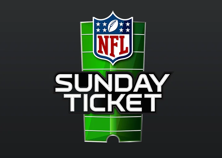 NFL Sunday Ticket logo on a green football field background
