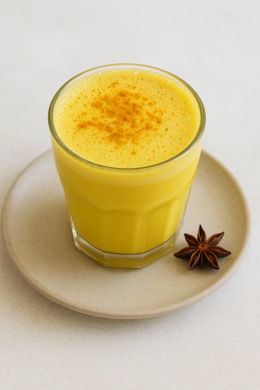 Golden turmeric latte served in a glass with star anise