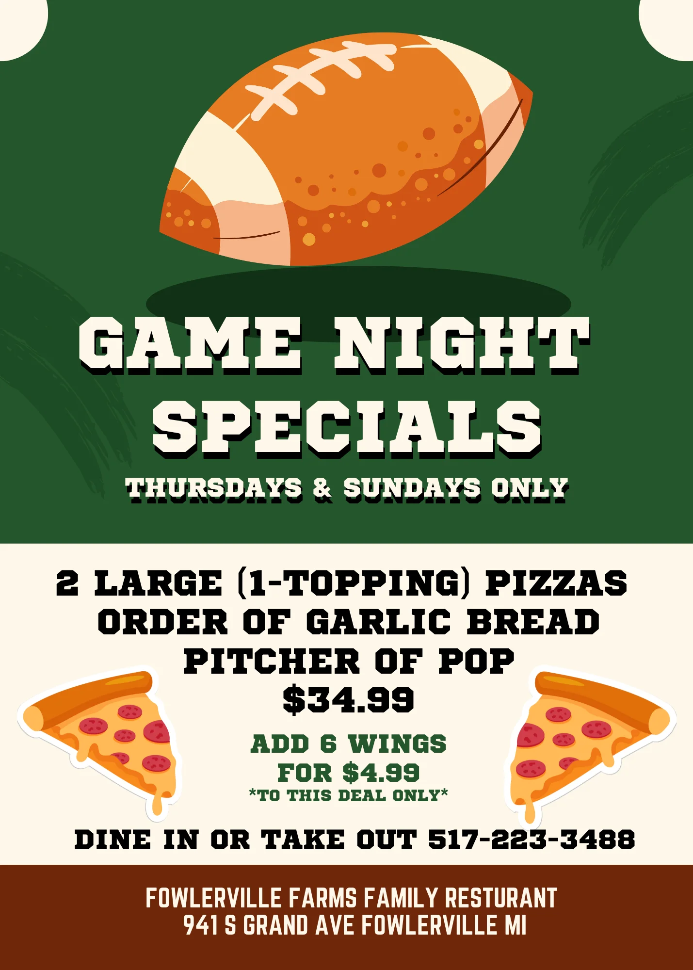 Game night pizza special with garlic bread and wings