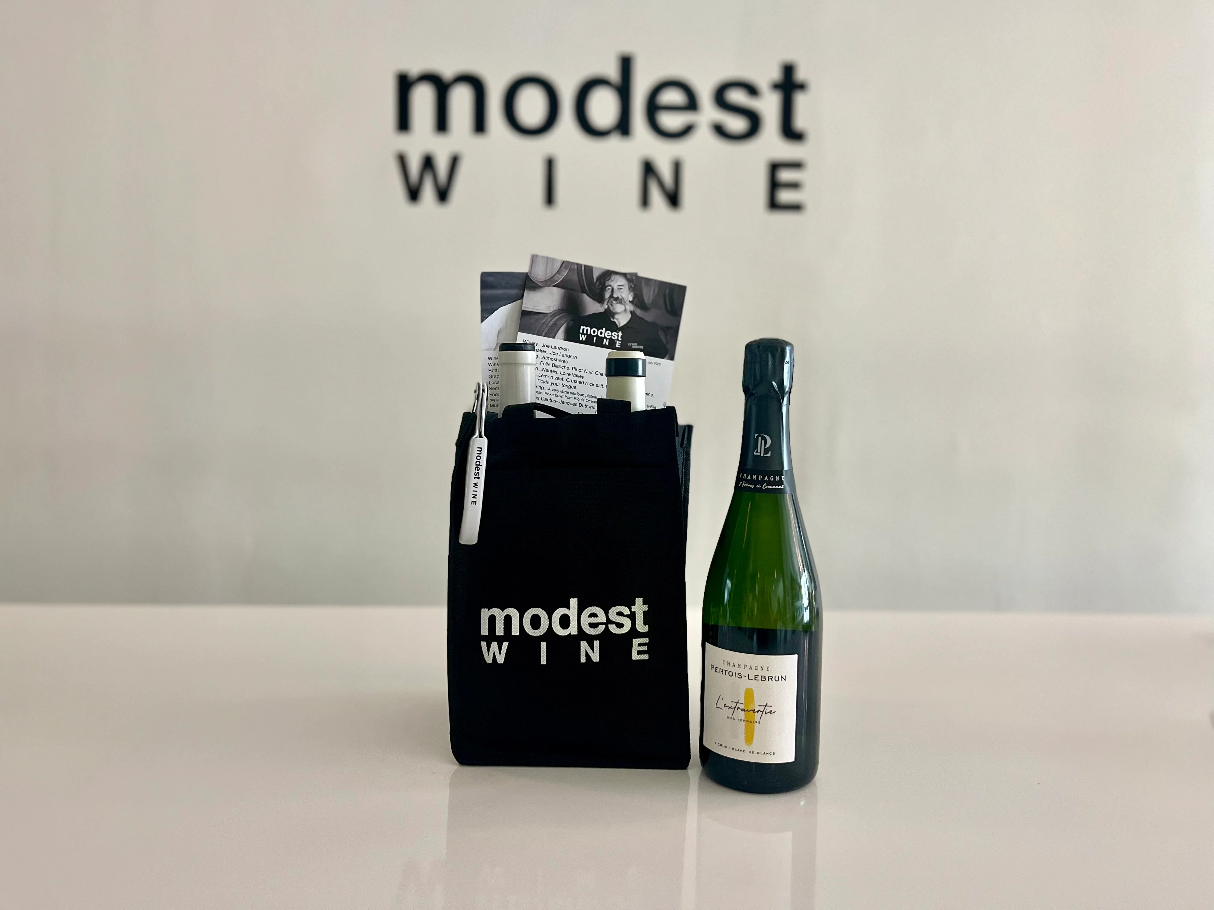 Wine gift bag with sparkling wine and promotional materials