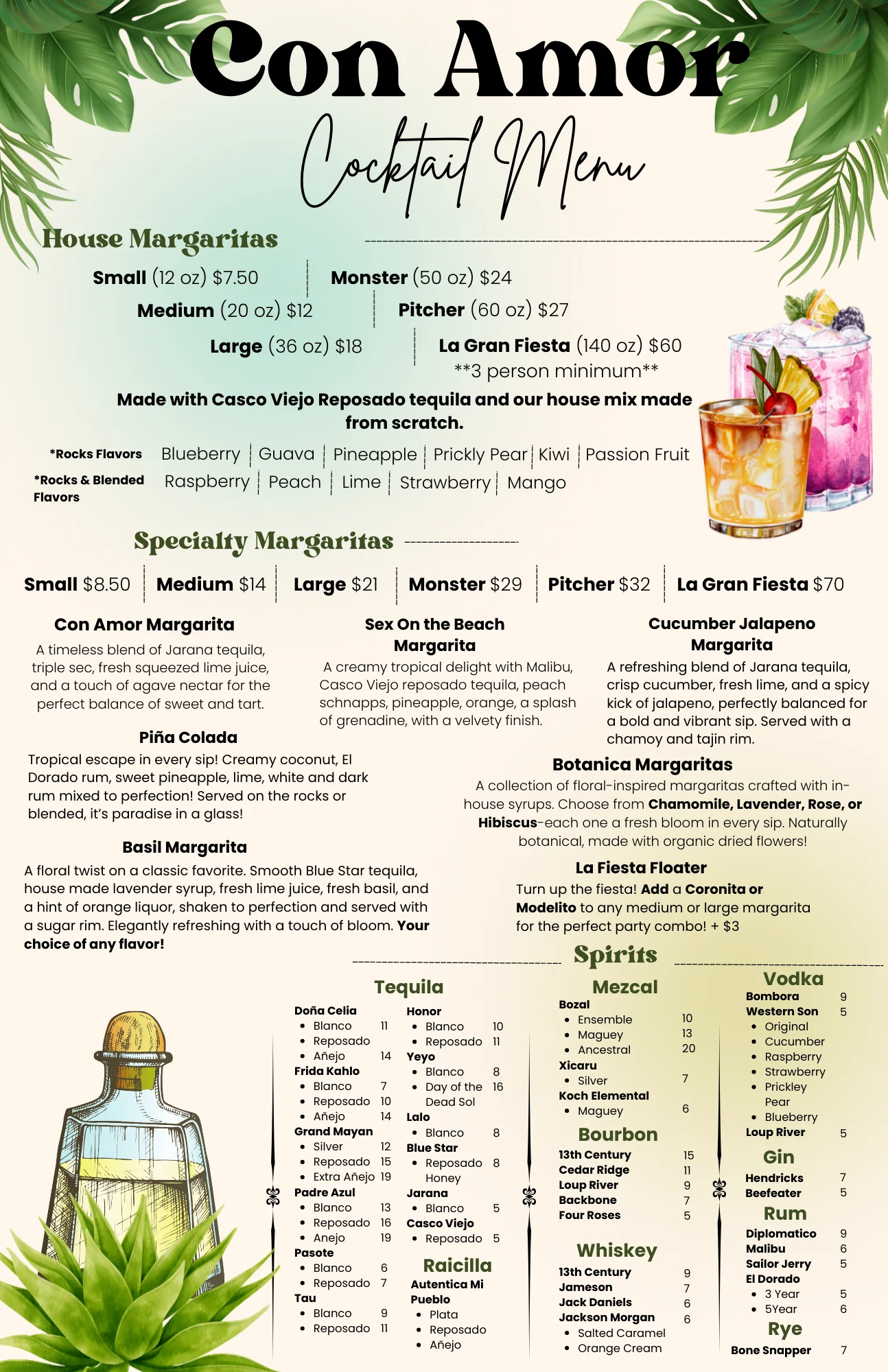 Cocktail menu featuring margaritas and specialty drinks