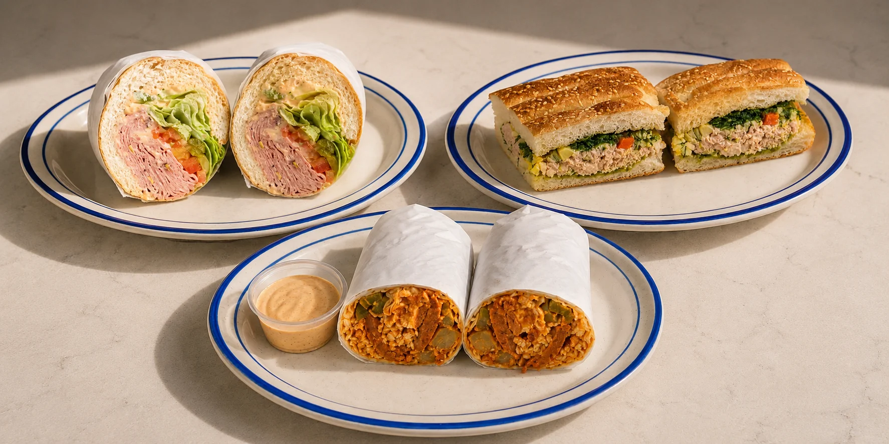 Assorted sandwiches and wraps on plates
