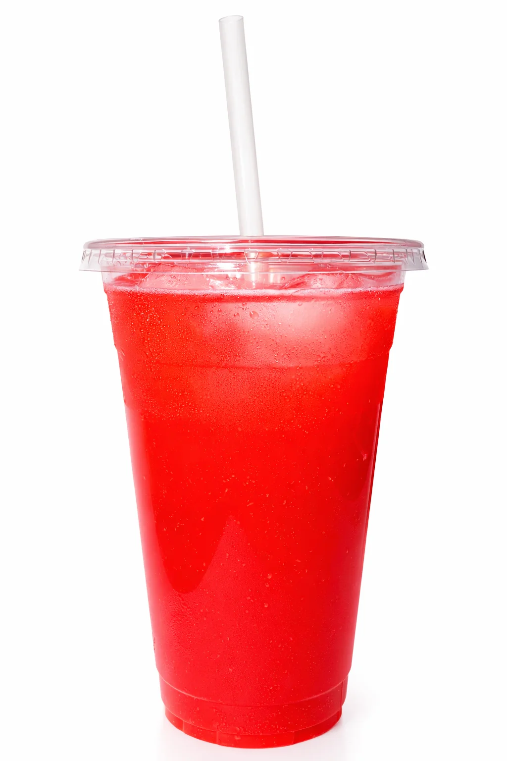 A vibrant red beverage in a clear cup, served with a straw, showcasing its refreshing and fizzy nature.