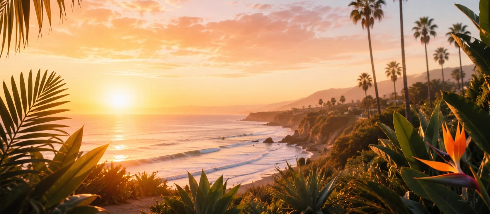 Sunset view over the ocean with palm trees and tropical plants.