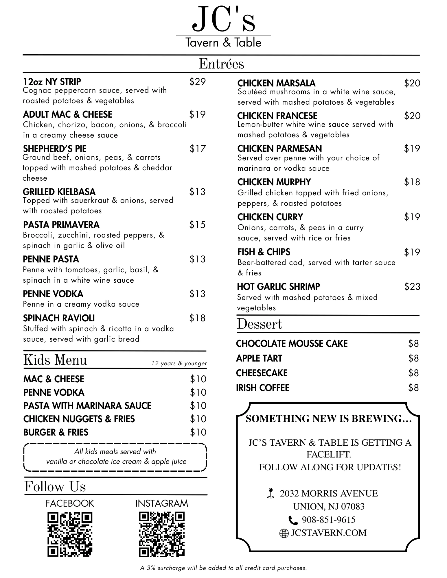Menu of American tavern dishes and desserts