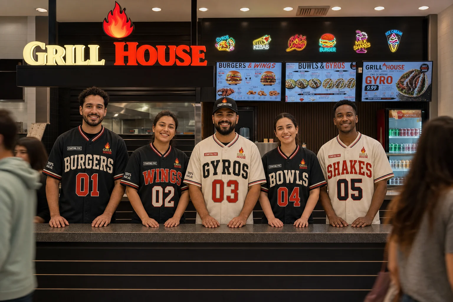 A group of staff members at a restaurant wearing jerseys representing different food categories like burgers and wings, posing at the counter.