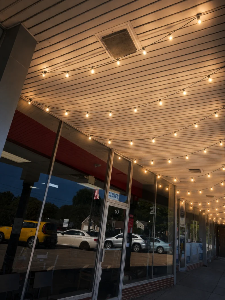 Restaurant exterior with warm string lights and a closed sign