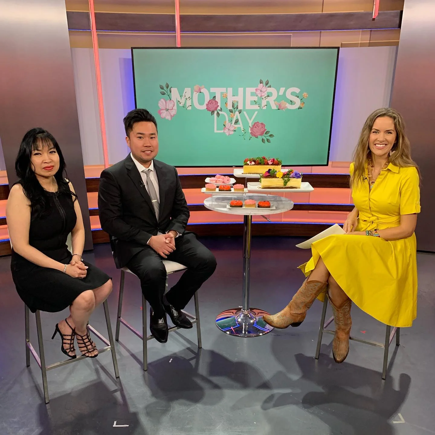 Celebrating Mother's Day with desserts and hosts on a TV set