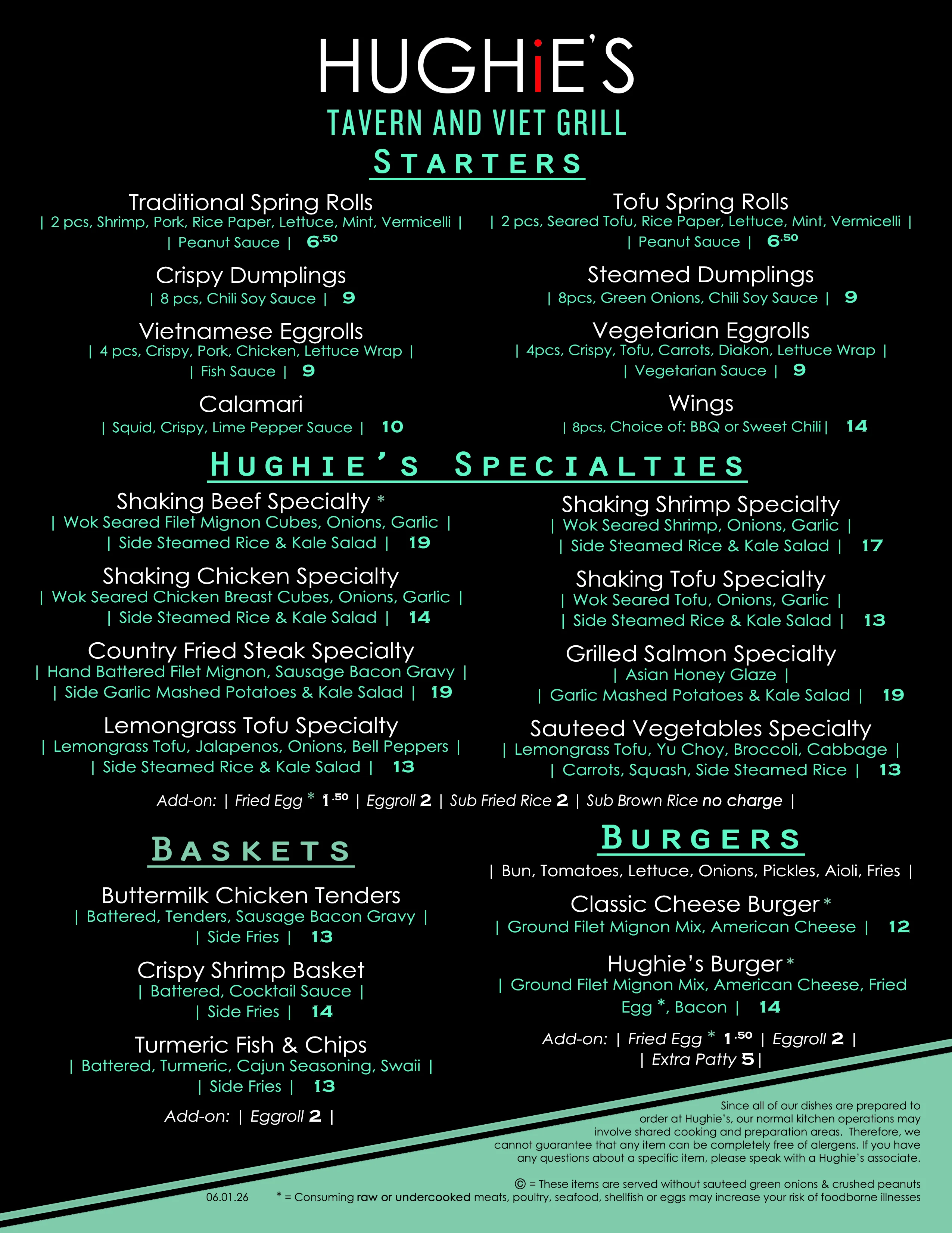 Menu of Vietnamese dishes at Hughie's Tavern