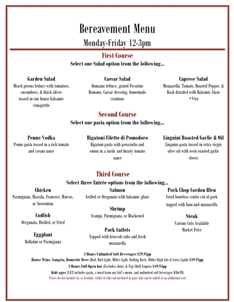 Bereavement Luncheon Menu