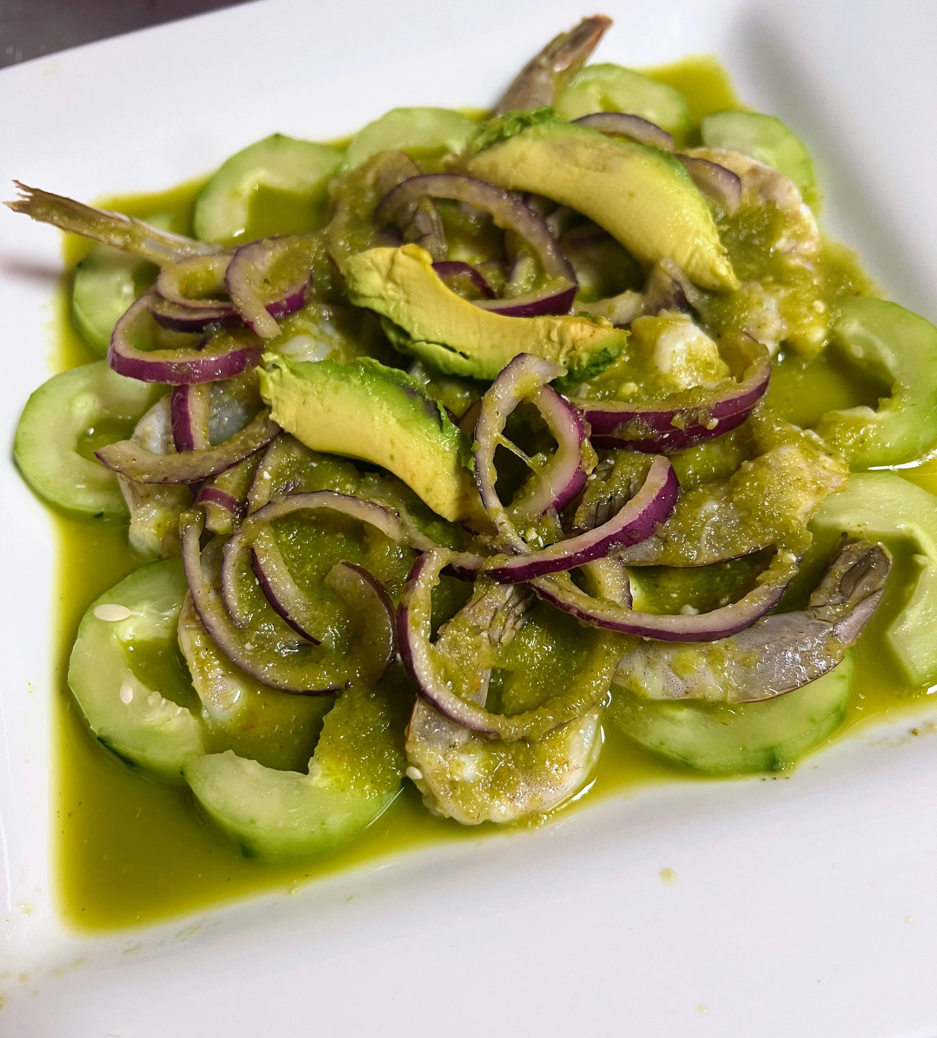 Ceviche with avocado and cucumber, a refreshing Peruvian dish