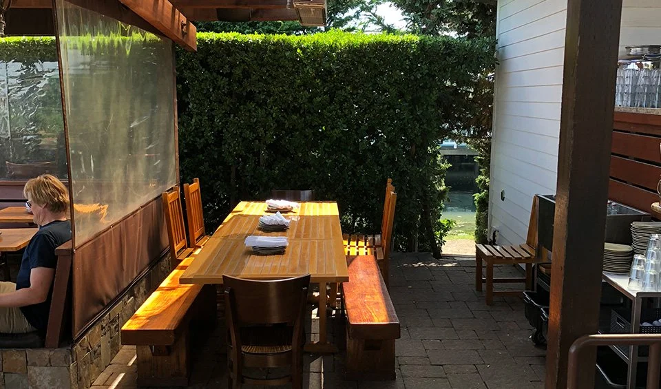 the big table available to reserve, outside setting at Bar Bocce