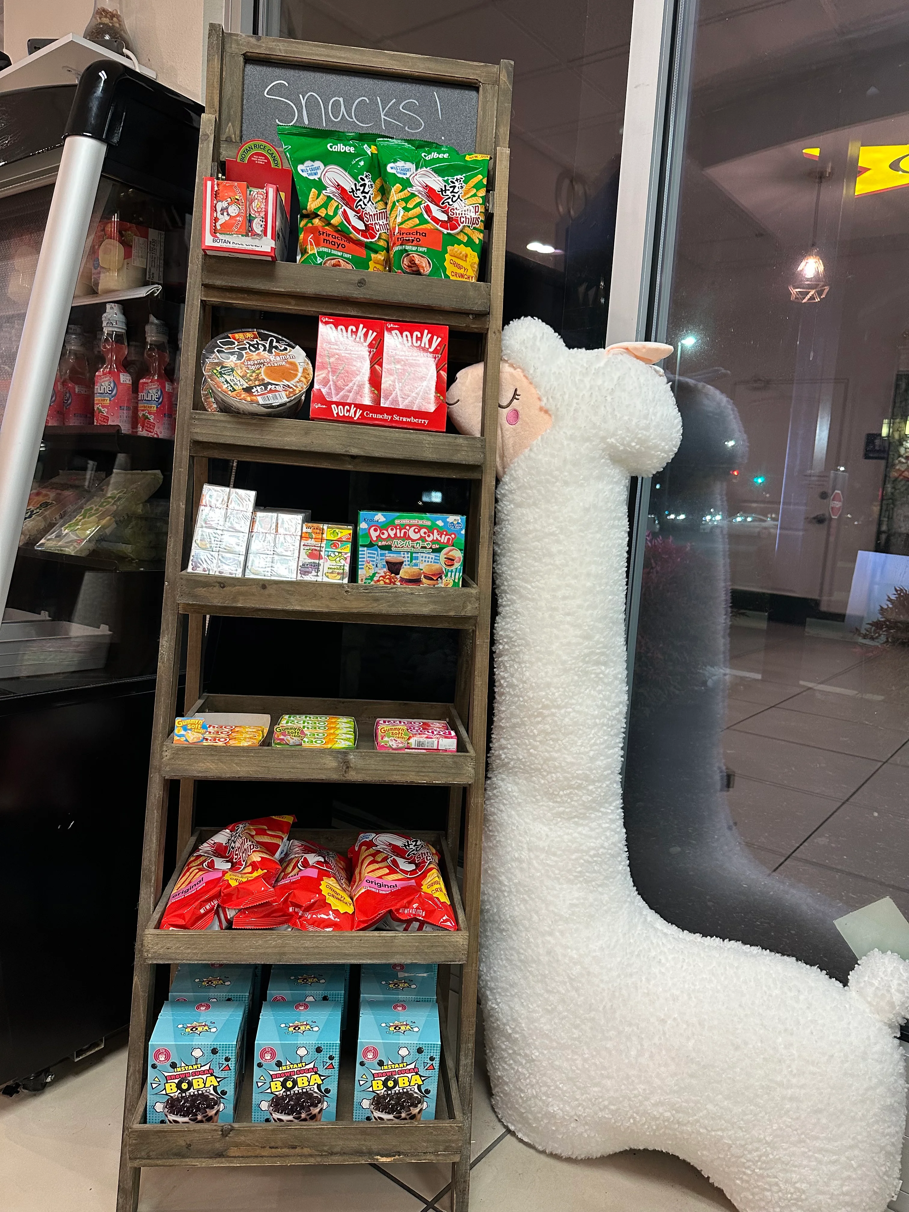 Snack display featuring Asian treats and candies
