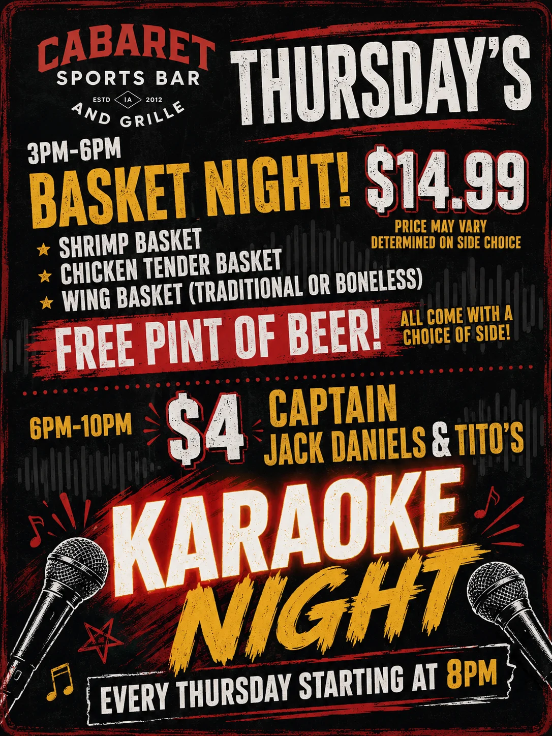 Promotional flyer for Thursday events at Cabaret Sports Bar and Grille.