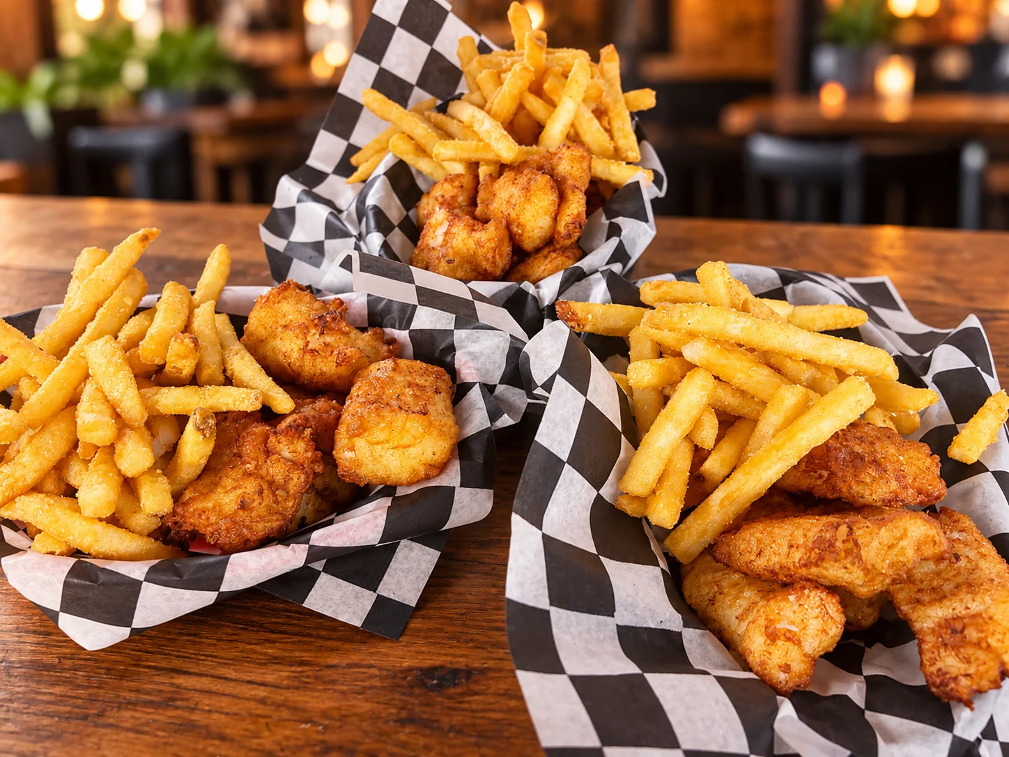 Crispy American fish and chips with tartar sauce and lemon