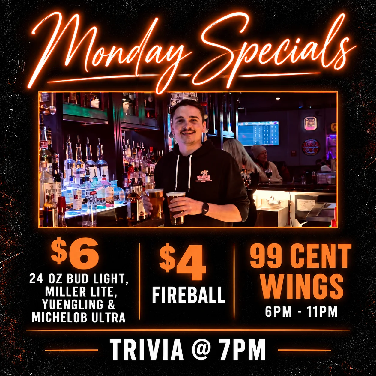 Bartender serving drinks at a lively bar during Monday specials