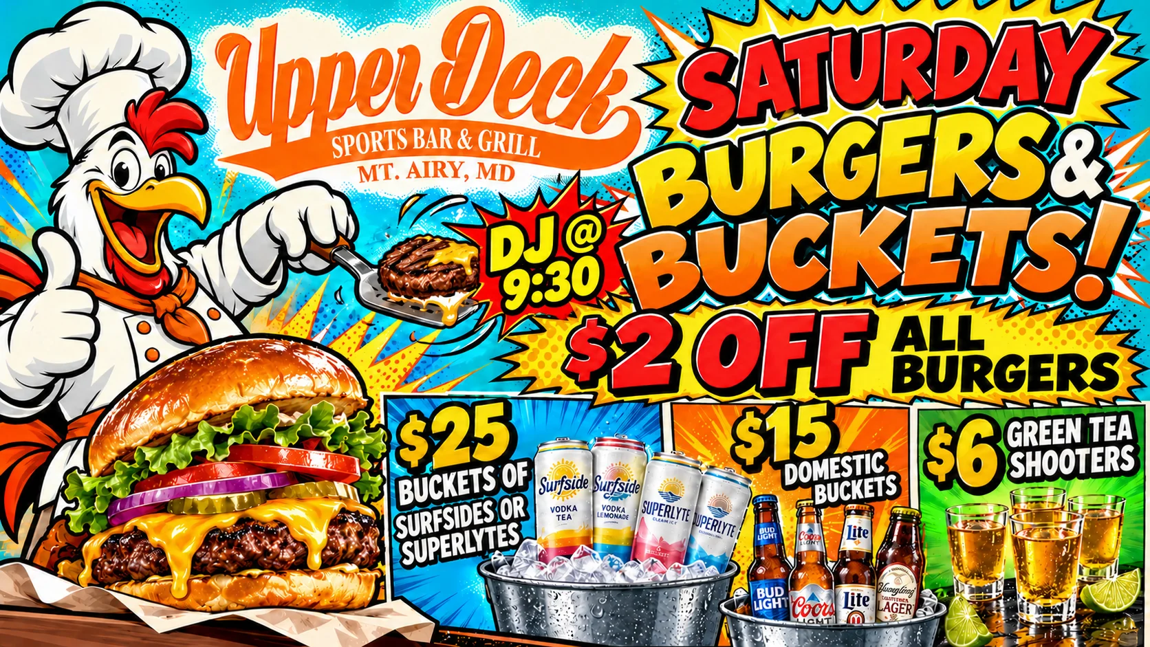 Illustrated sports bar promotion featuring a cheeseburger, drink buckets, and bold event lettering