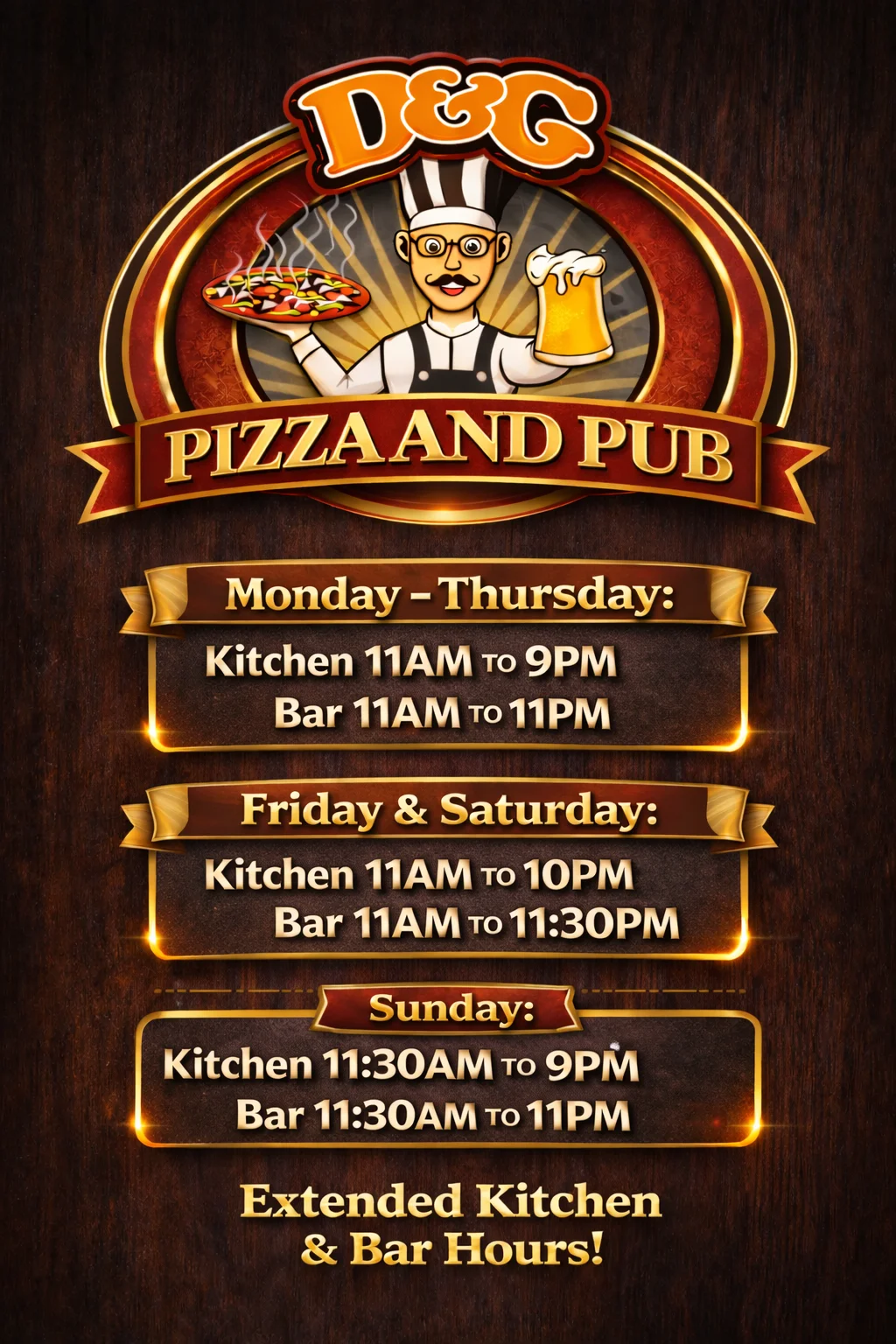 D&G Pizza and Pub hours and logo on a wooden background