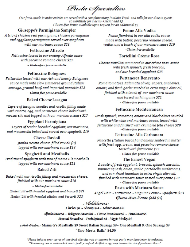 Menu of pasta specialties with various dishes and prices.