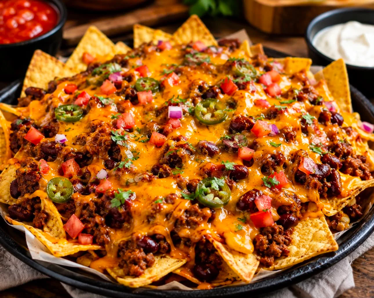 A platter of nachos topped with melted cheese, ground beef, jalapeños, tomatoes, and garnished with green onions.