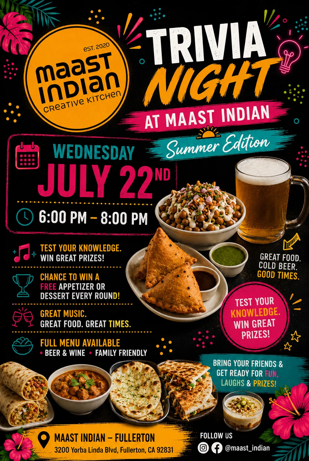 Trivia night at an Indian restaurant with food and drink specials