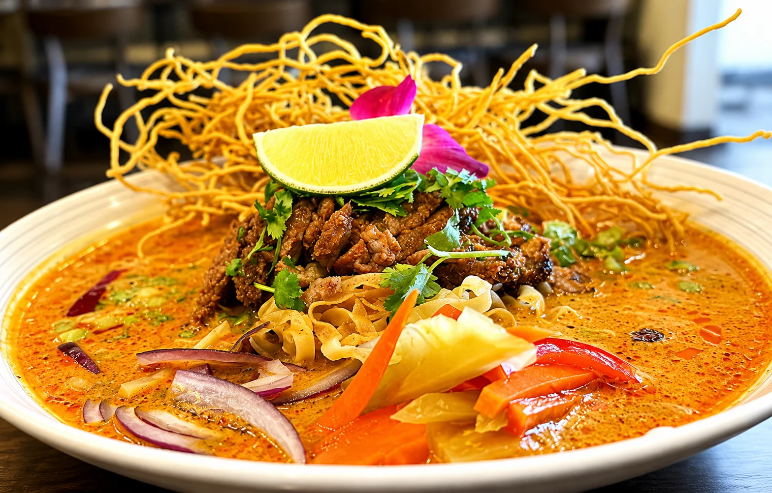 Bowl of Thai khao soi with crispy noodles and lime garnish