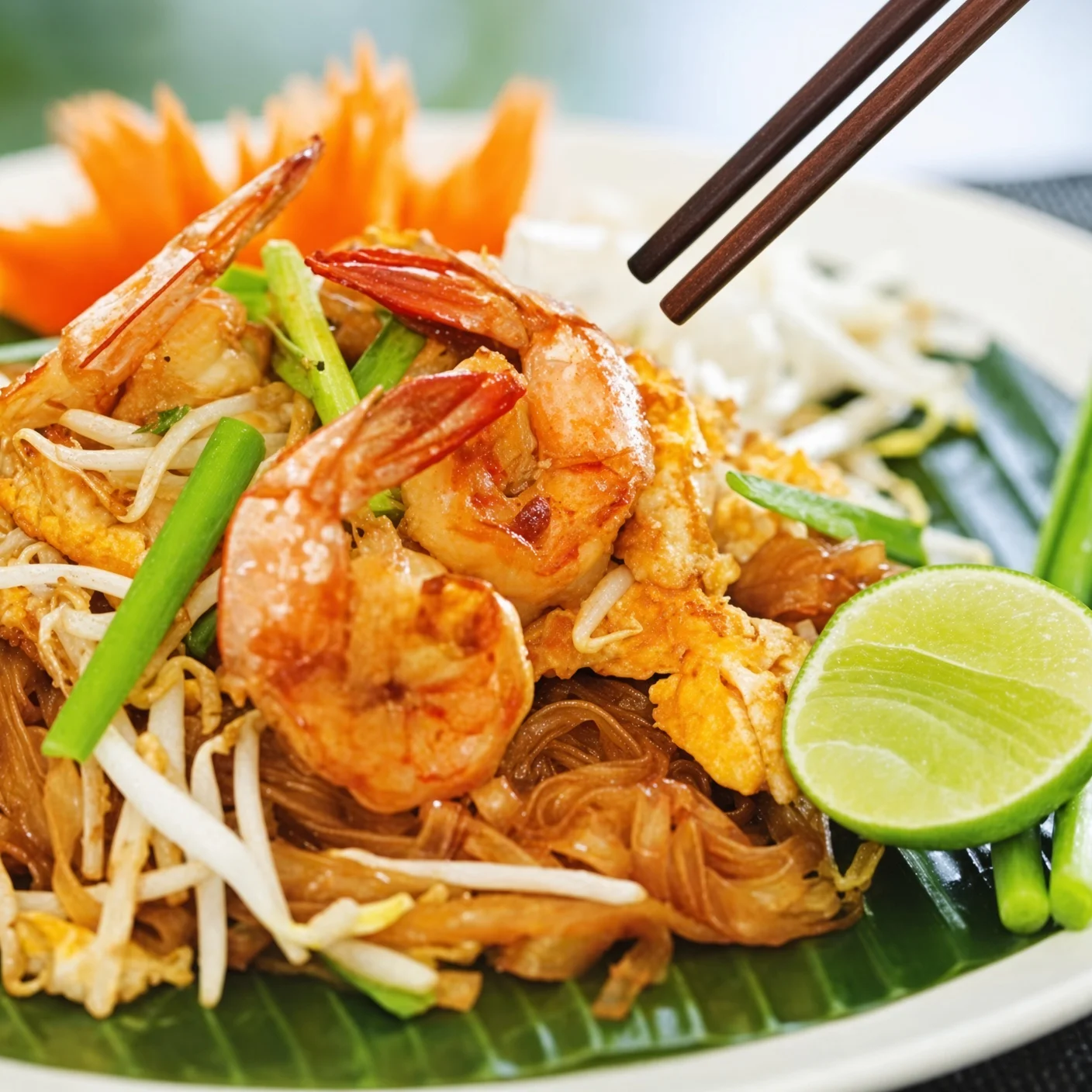 A flavorful dish of pad thai featuring shrimp, bean sprouts, and green onions, garnished with lime wedges and carrot decorations.
