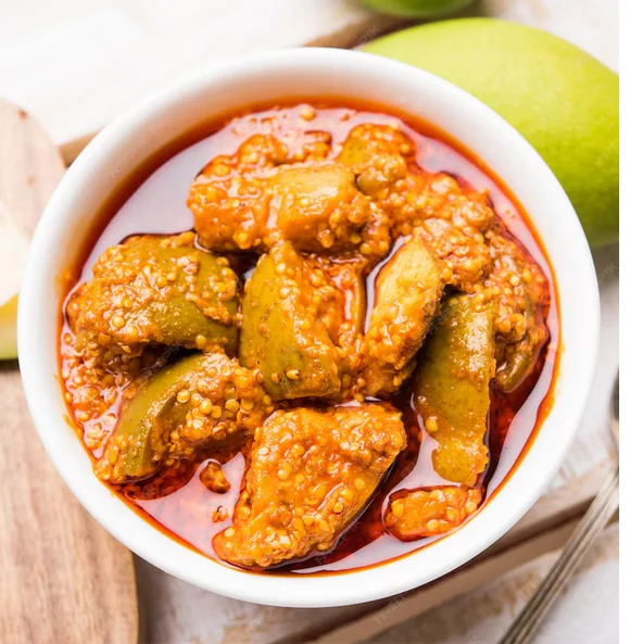 Spicy Indian mango pickle in a bowl