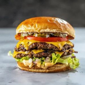 Juicy burger with lettuce, tomato, and cheese on a wooden table
