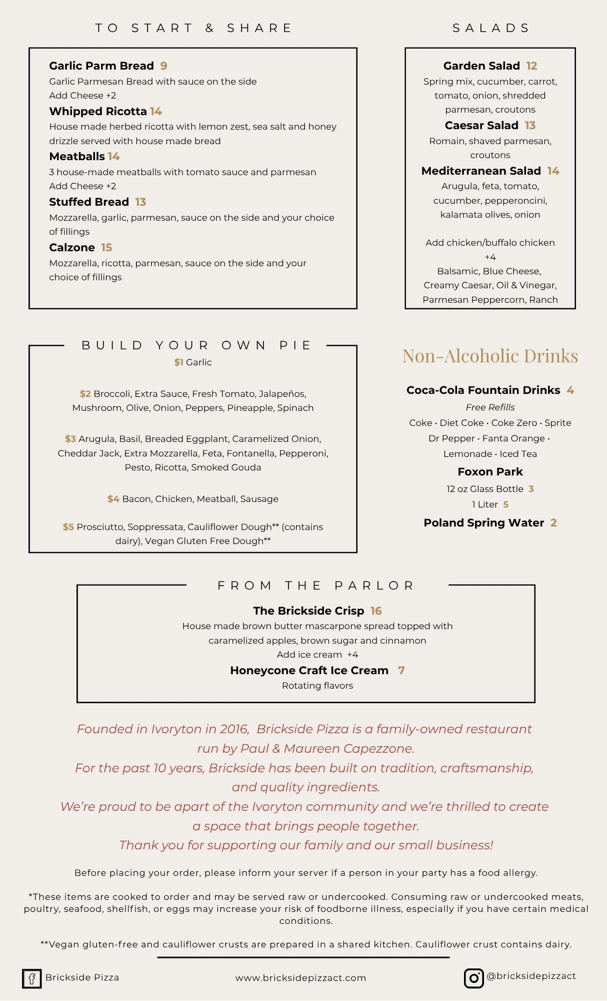 Menu from Brickside Pizza featuring appetizers, salads, and drinks.