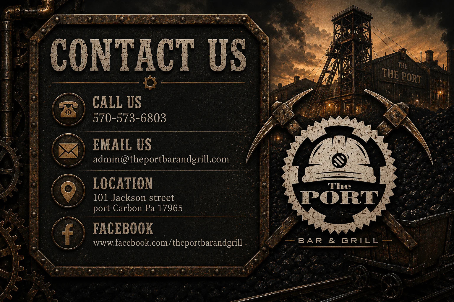 Contact information for The Port Bar & Grill, including phone, email, and location.