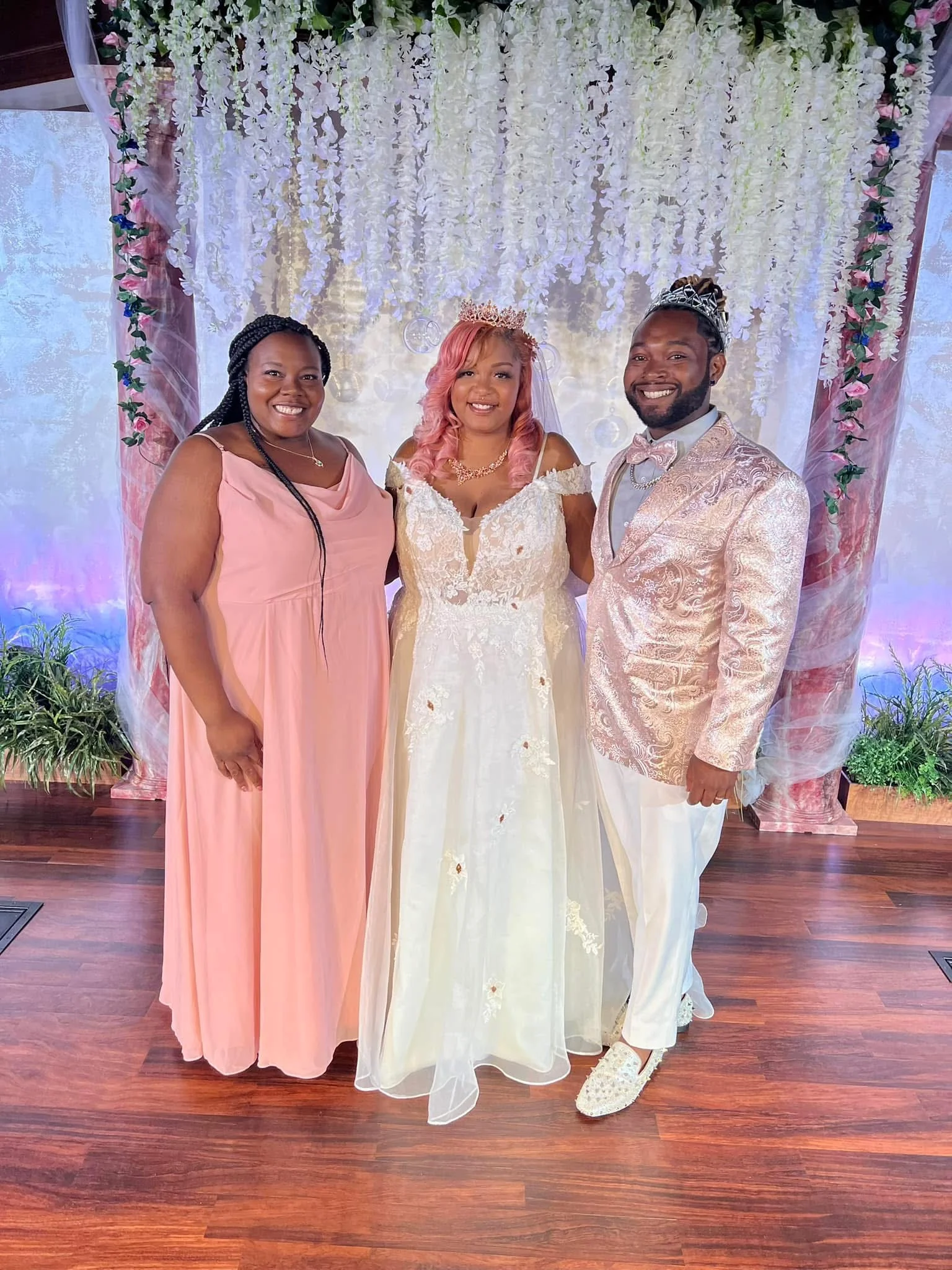 Wedding celebration with bride and guests in elegant attire