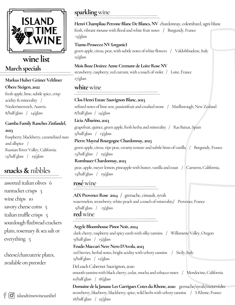 Wine list featuring sparkling, white, rosé, and red wines with snacks and nibbles