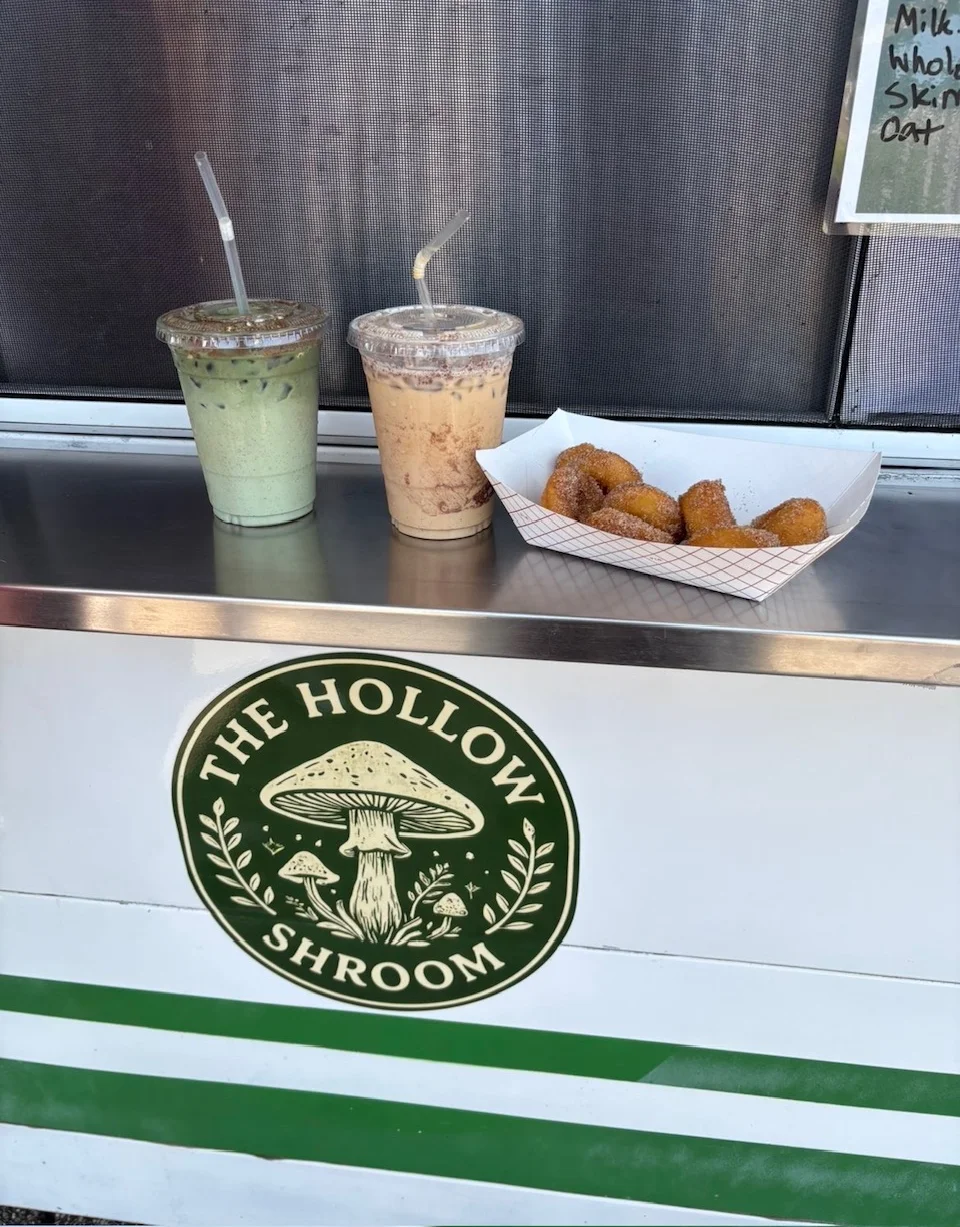 Refreshing matcha and coffee drinks with cinnamon sugar donuts