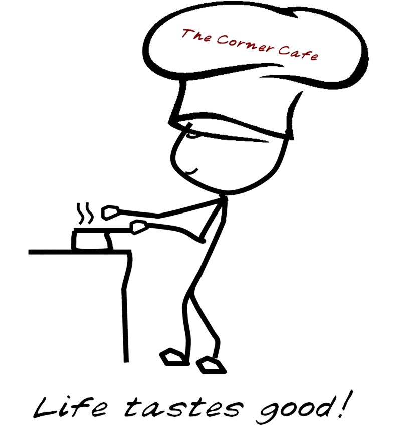 Cartoon chef cooking at The Corner Cafe with a playful slogan