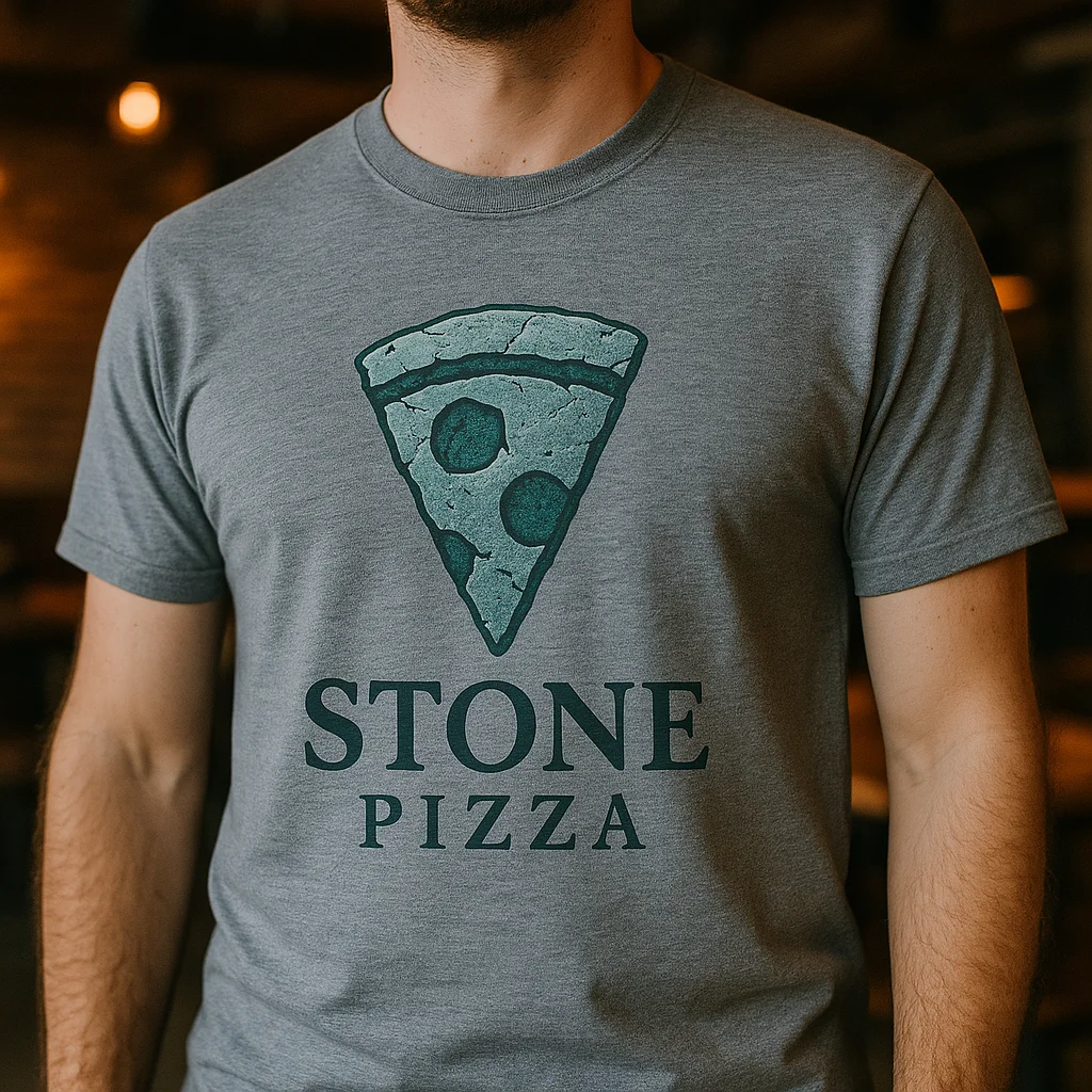 Stylish t-shirt featuring a stone pizza logo