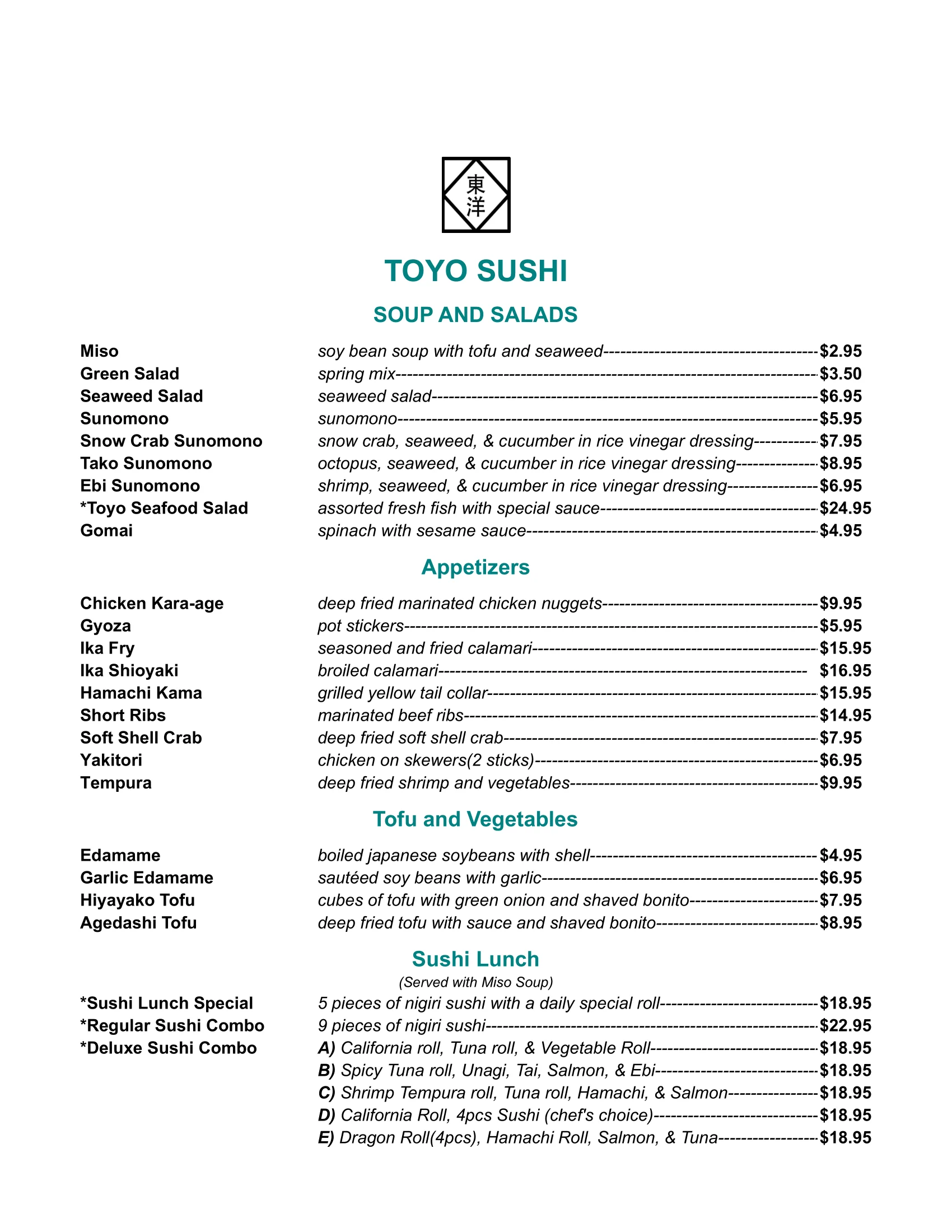 Japanese sushi menu featuring various rolls and appetizers