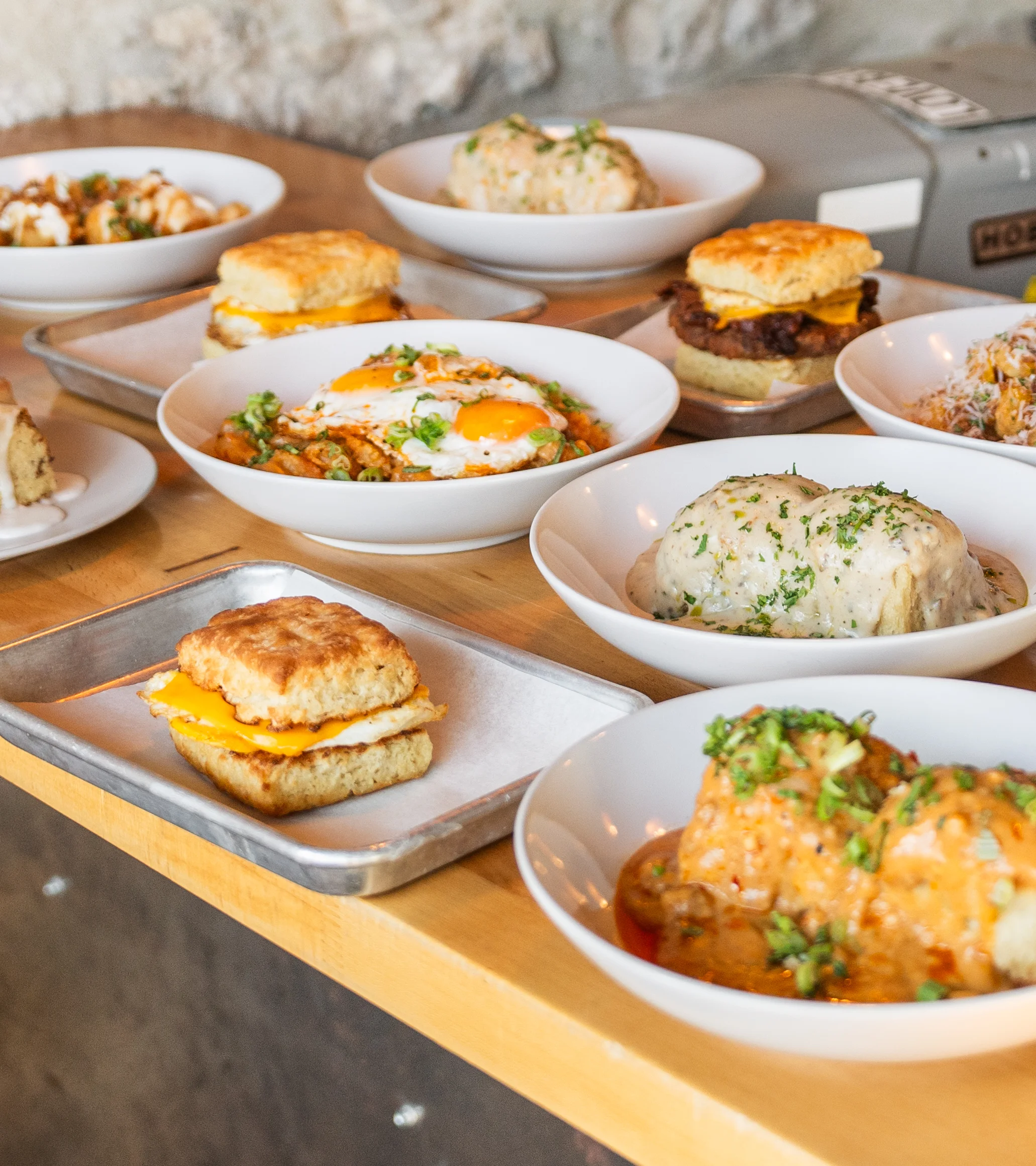 Southern-style brunch spread with biscuits and gravy