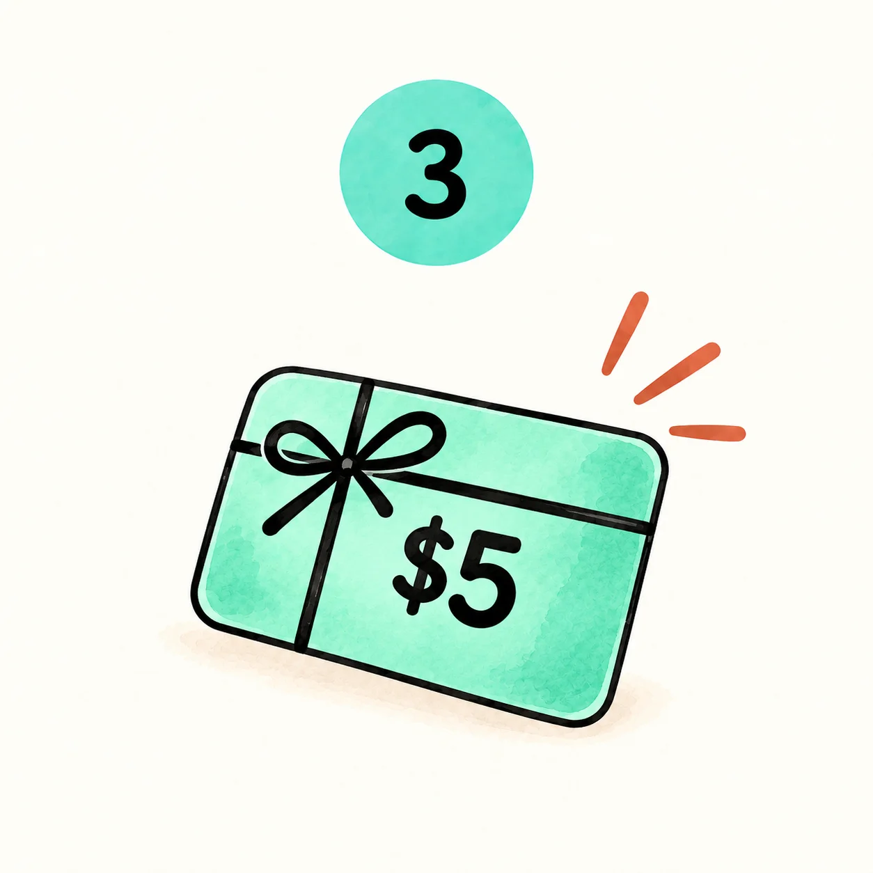 Illustration of a $5 restaurant gift card with number three