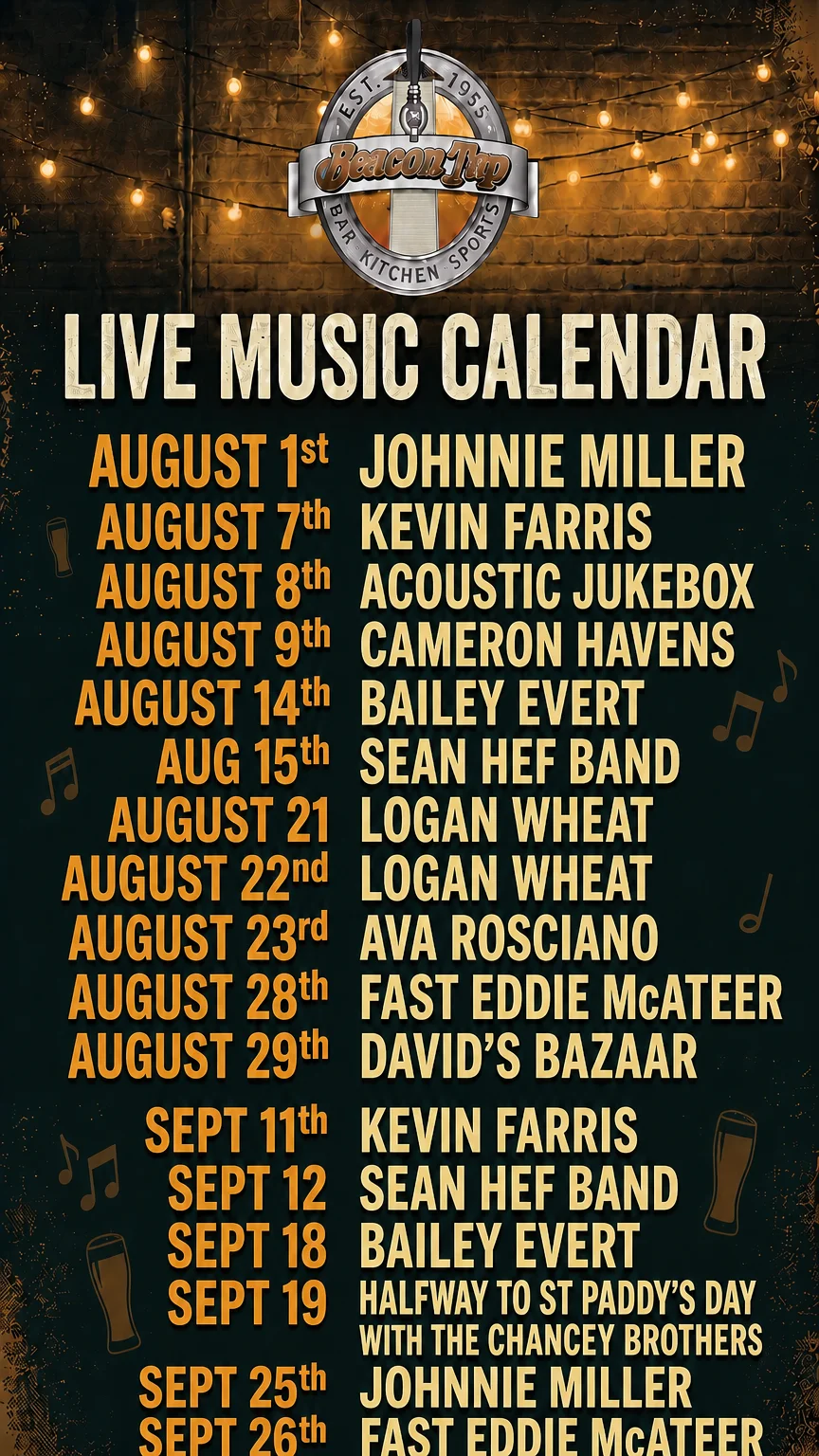 Promotional poster for Miller Lite event at Beacon Tap with concert ticket giveaway.