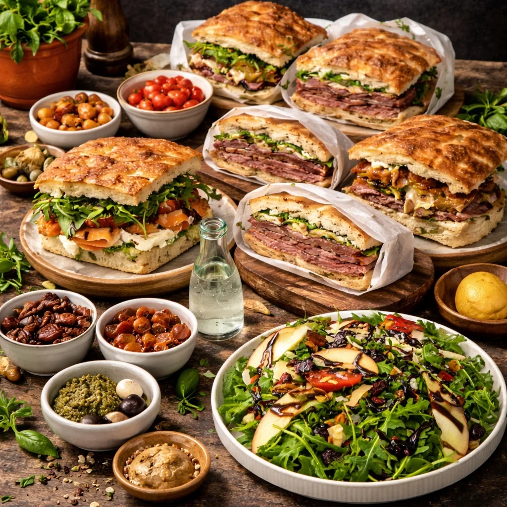A hearty sandwich featuring layers of sliced meat, caramelized onions, and a toasted bread top, served on a beige plate.